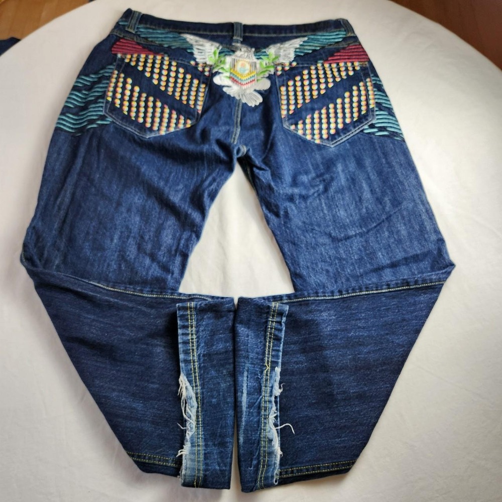 Miskeen Mens Blue Denim Jeans Flying Eagle Wraparound Baggy Skater Y2K Size 42